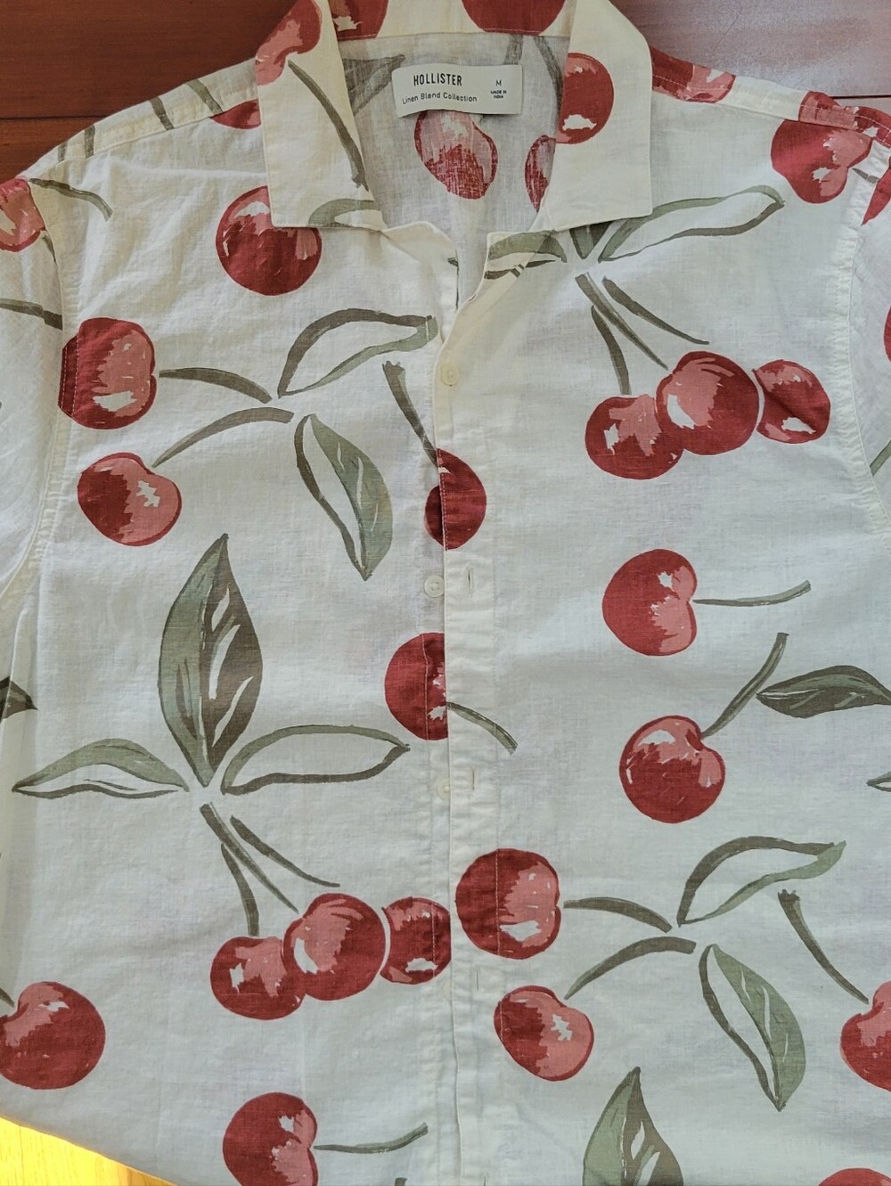 Mens Hollister Linen Short Sleeve Shirt Cherry Print